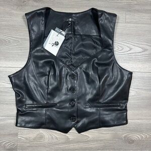 7 For All Mankind Black Faux Leather Vest with Button Front New with Tags